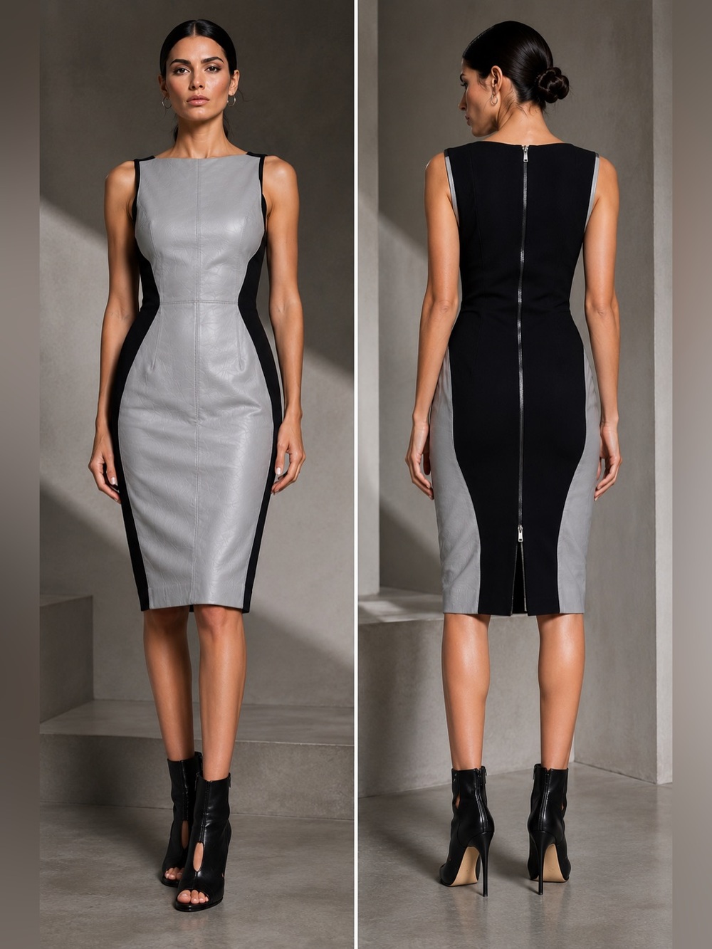 Gareth Pugh Gray Black Leather Colorblock Bodycon Midi Dress US 4